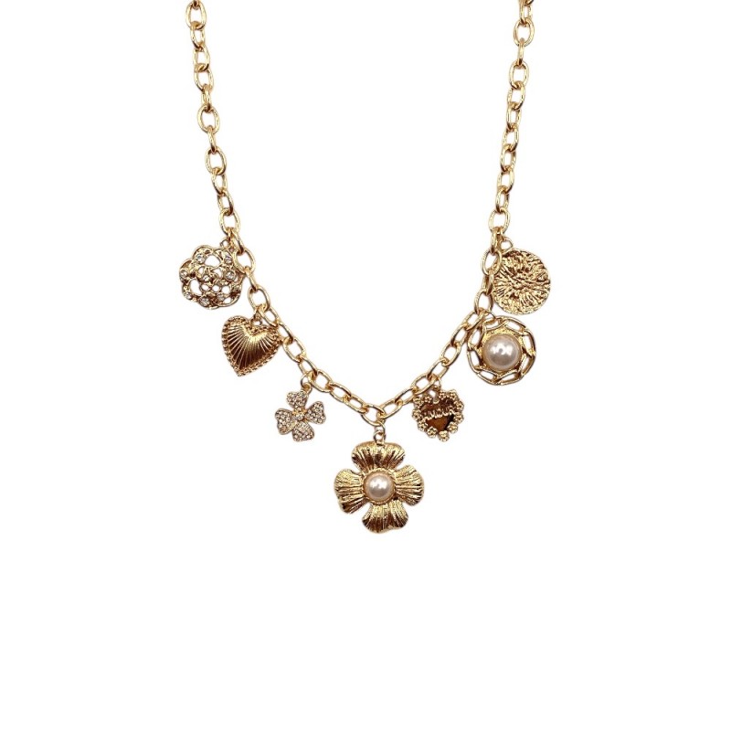 PEARL FLOWER CHARM NECKLACE - GOLD 