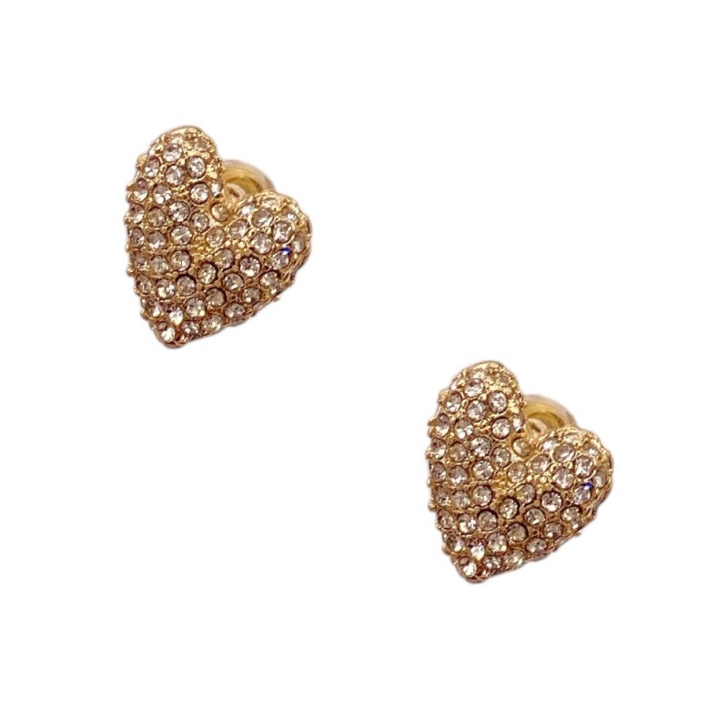 SMALL RHINESTONE HEART EARRINGS GOLD 