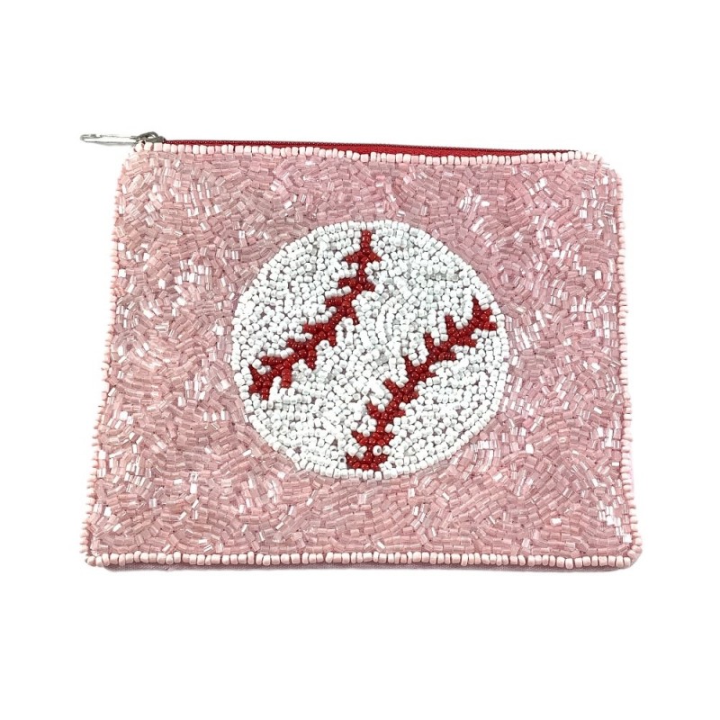 BEADED COIN PURSE - PINK BASEBALL 