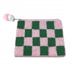 BEADED COIN PURSE - CHECKERED PINK & GREEN