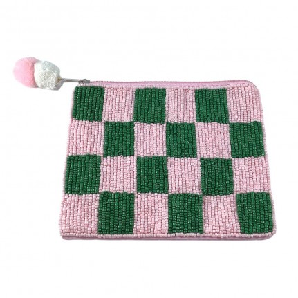 BEADED COIN PURSE - CHECKERED PINK & GREEN