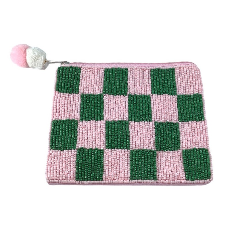 BEADED COIN PURSE - CHECKERED PINK & GREEN