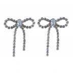 RHINESTONE DANGLE BOW EARRINGS - SILVER