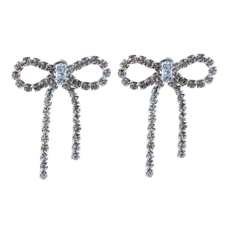 RHINESTONE DANGLE BOW EARRINGS - SILVER