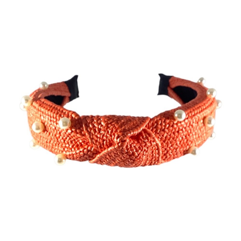 STRAW KNOT PEARL HEADBAND - ORANGE
