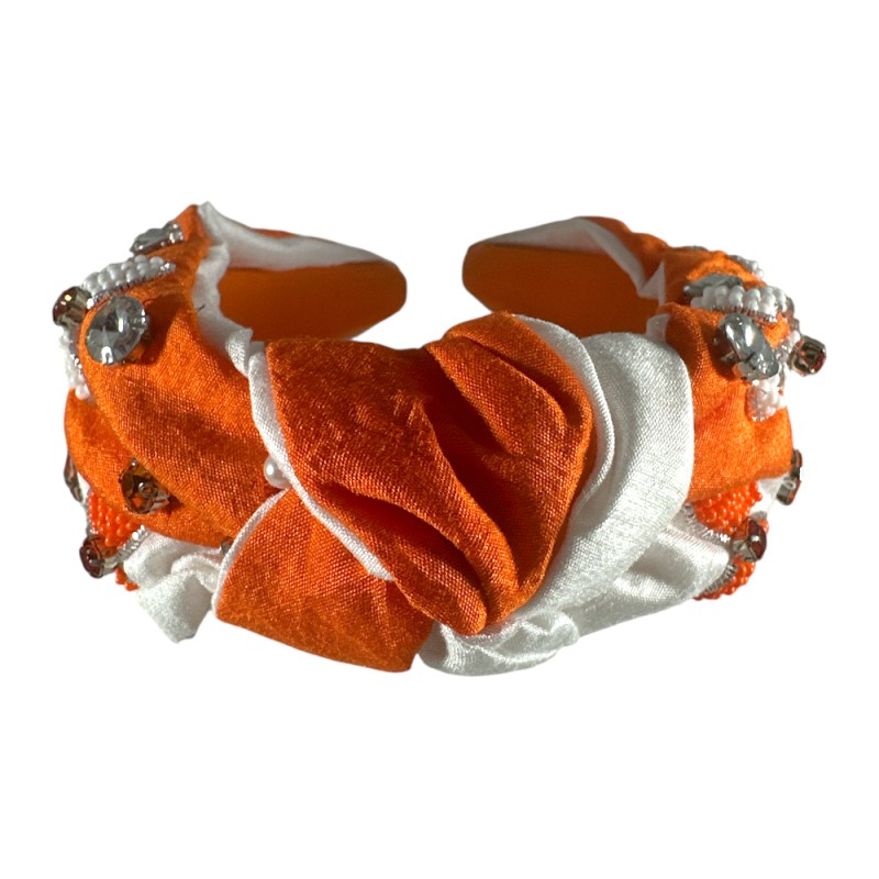 GEM & SEED BEAD KNOT HEADBAND - ORANGE & WHITE 