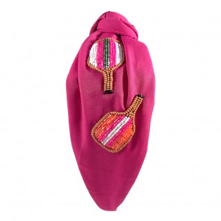 SEED BEAD PICKLE BALL KNOT HEADBAND - HOT PINK 