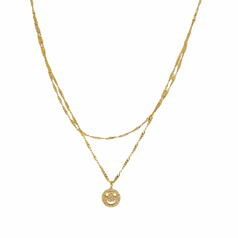 RHINESTONE SMILEY FACE LAYER NECKLACE - GOLD