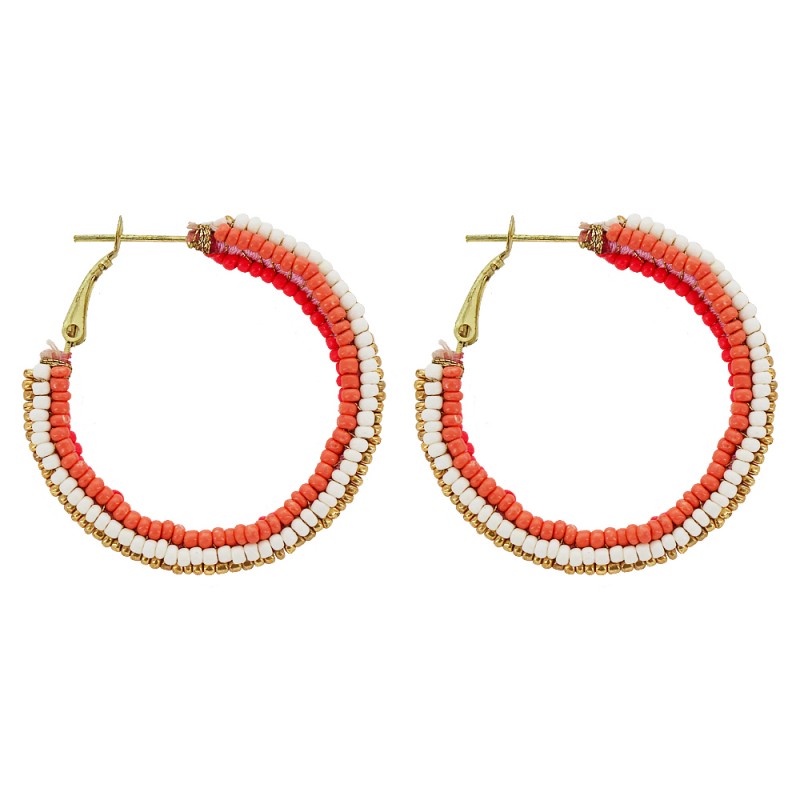 WRAPPED SEED BEAD HOOP EARRINGS - CORAL 