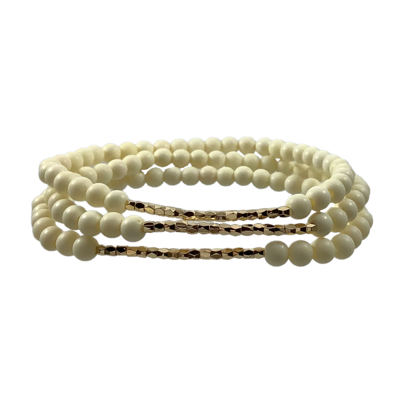 MATTE & METAL BEADED BAR STRETCH BRACELET SET - BEIGE