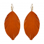 LEATHER FEATHER FRINGE MARQUISE EARRINGS - BURNT ORANGE