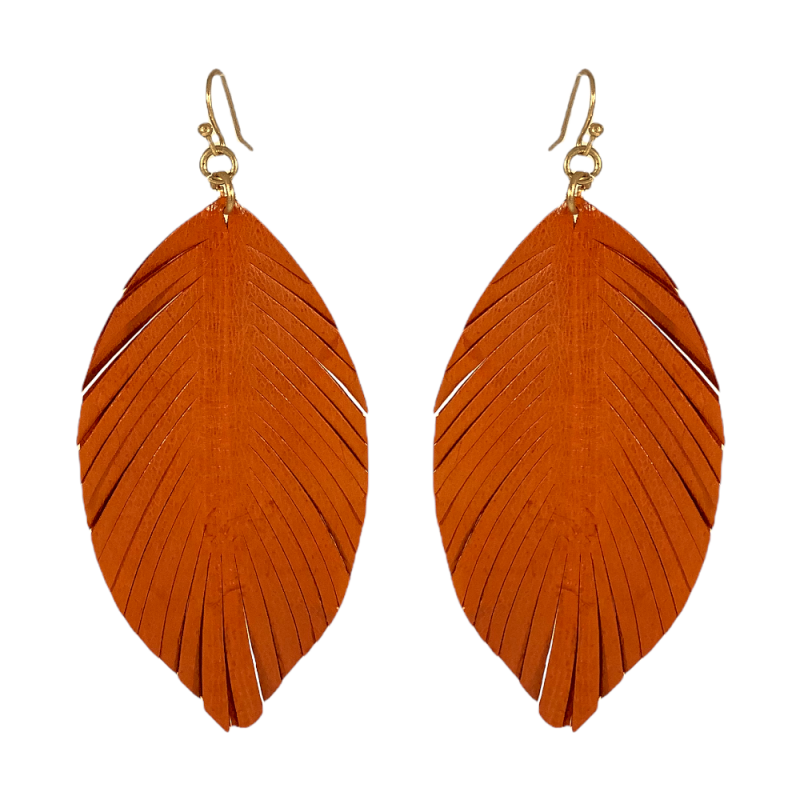 LEATHER FEATHER FRINGE MARQUISE EARRINGS - BURNT ORANGE