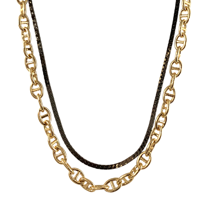 LAYERED DESIGNER INSPIRED LINK & BLACK SNAKE CHAIN NECKLACE GOLD