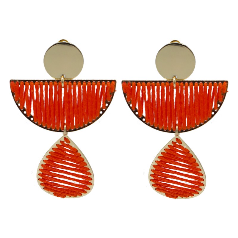 GEOMETRIC RAFFIA WRAPPED TEARDROP EARRINGS - ORANGE