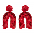 SEED BEAD & SEQUIN U-SHAPE FLOWER STATEMENT EARRINGS - RED