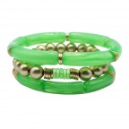 GOLD BEADED ACRYLIC STRETCH BRACELET SET - GREEN