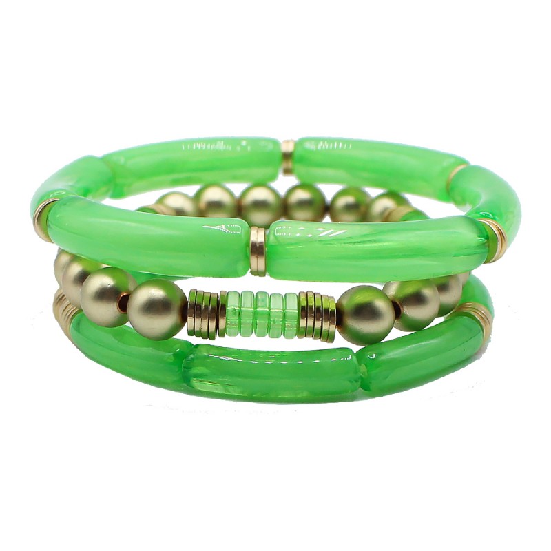 GOLD BEADED ACRYLIC STRETCH BRACELET SET - GREEN