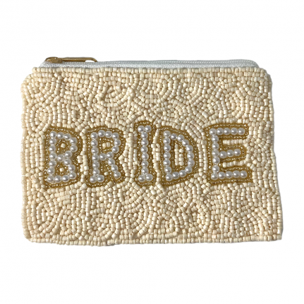 LIGHT COLORED SEED BEAD COIN PURSE - IVORY GOLD PEARL "BRIDE"