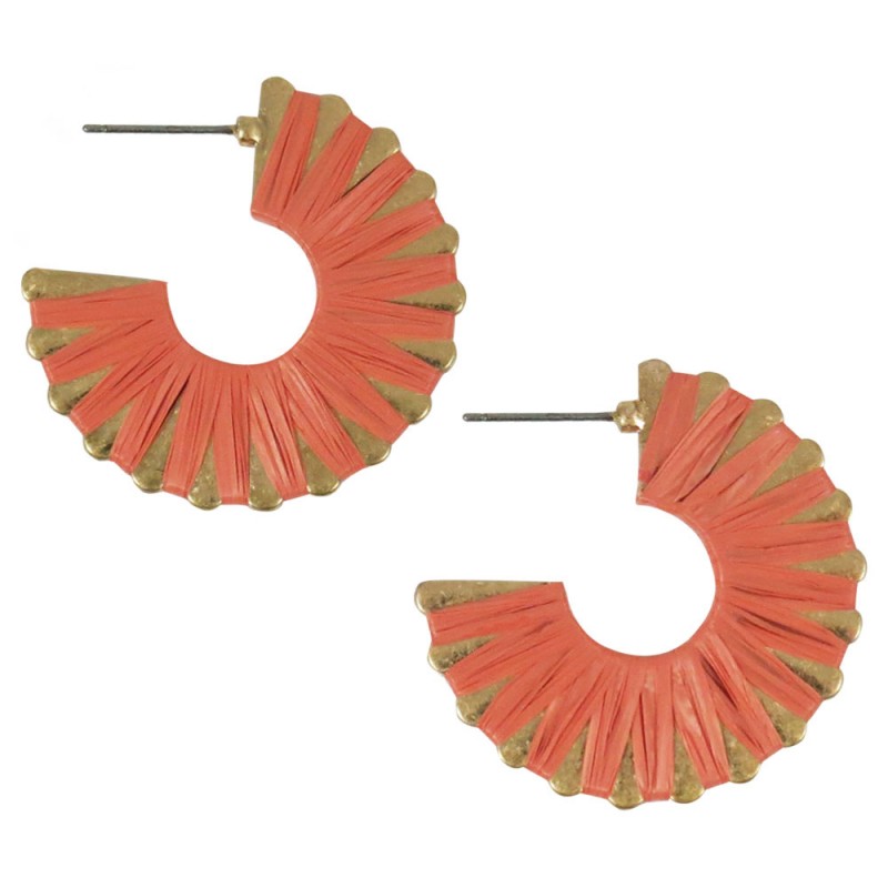 RAFFIA WRAPPED OPEN HOOP EARRINGS - CORAL
