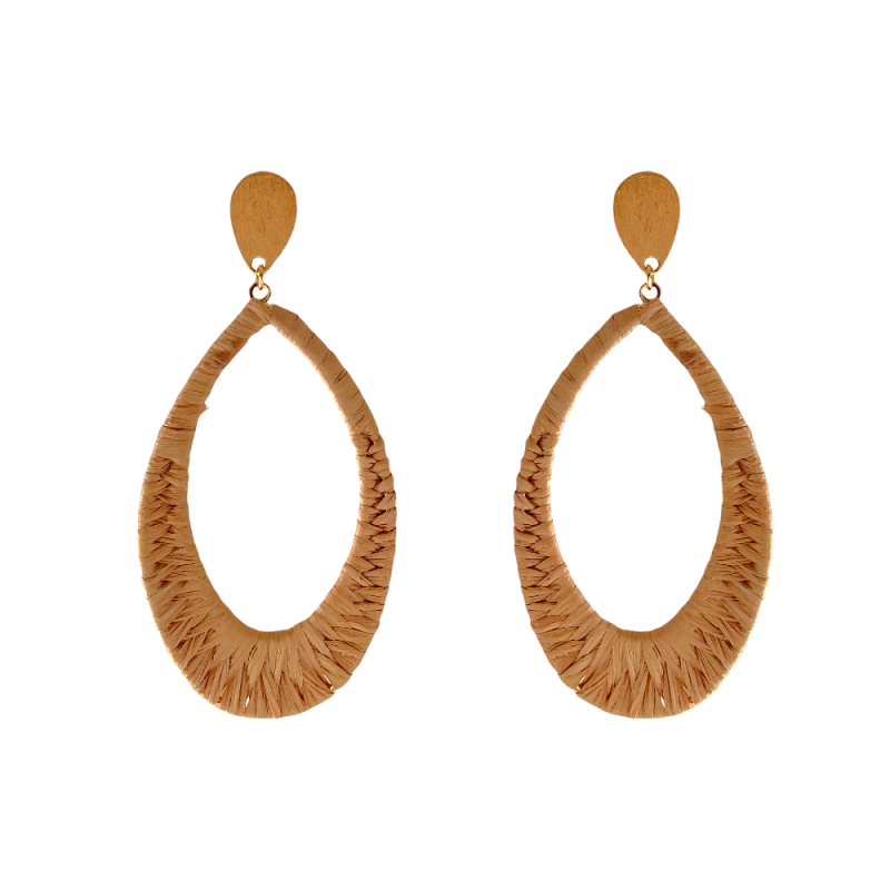 TEAR DROP RAFFIA WRAPPED HOOPS - DARK BEIGE