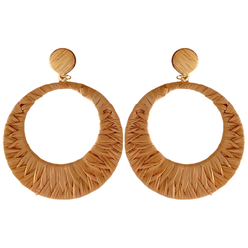 RAFFIA WRAPPED CIRCLE HOOPS - DARK BEIGE