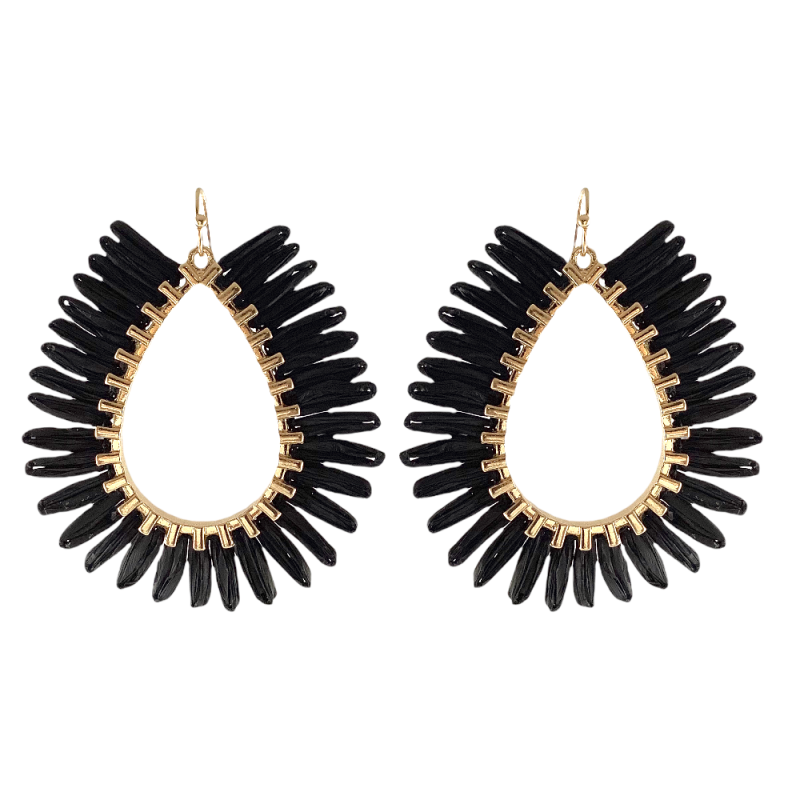 TEAR DROP RAFFIA HOOP EARRINGS - BLACK 