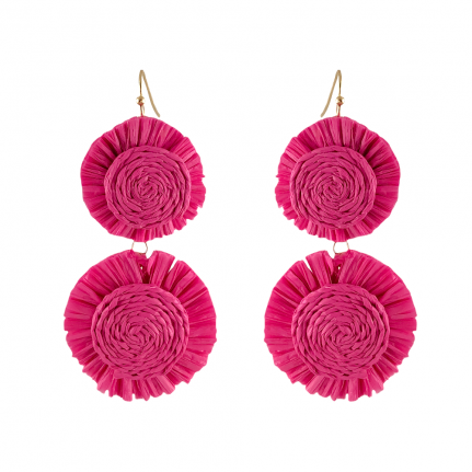 RAFFIA WRAPPED 2 TIER FLOWER DROP EARRINGS - HOT PINK
