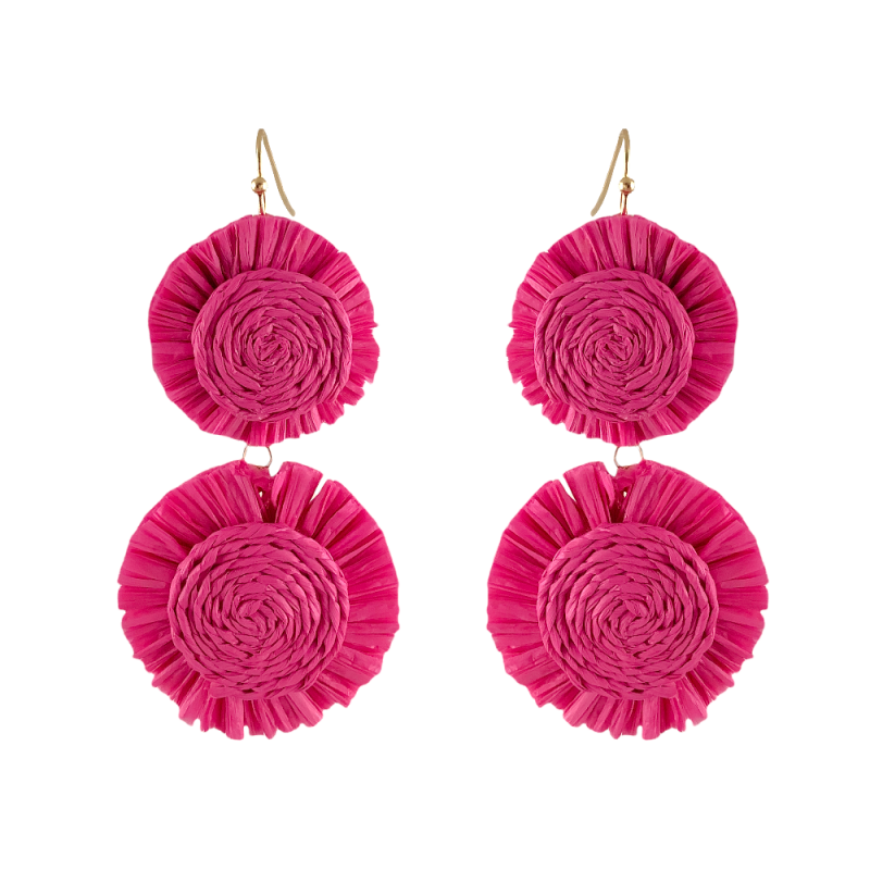 RAFFIA WRAPPED 2 TIER FLOWER DROP EARRINGS - HOT PINK
