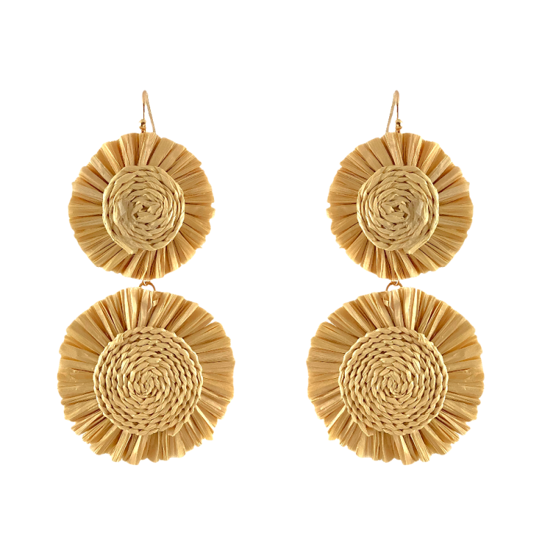 RAFFIA WRAPPED 2 TIER FLOWER DROP EARRINGS - BEIGE