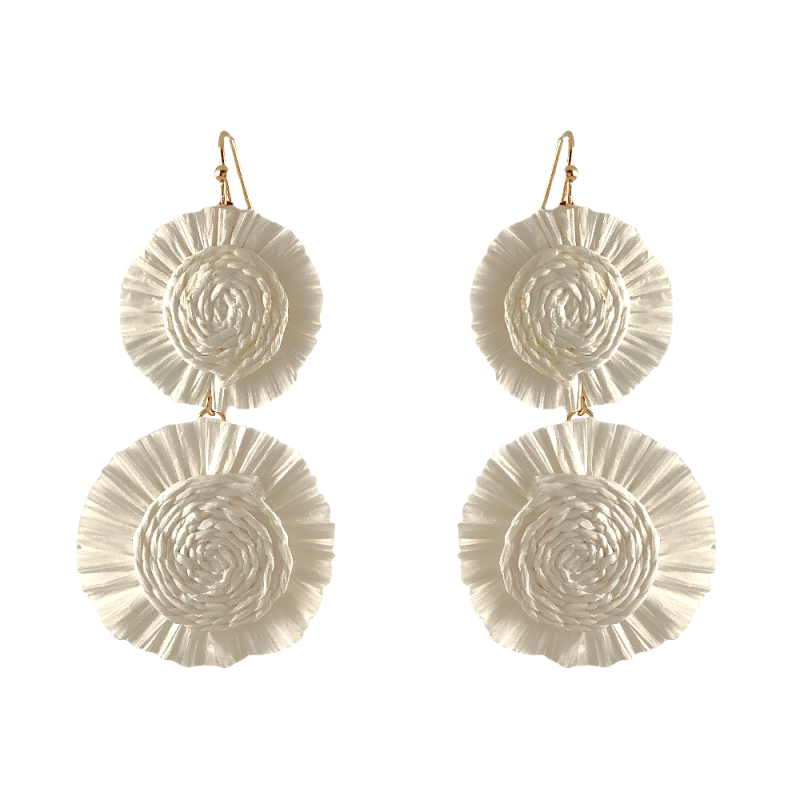 RAFFIA WRAPPED 2 TIER FLOWER DROP EARRINGS - WHITE