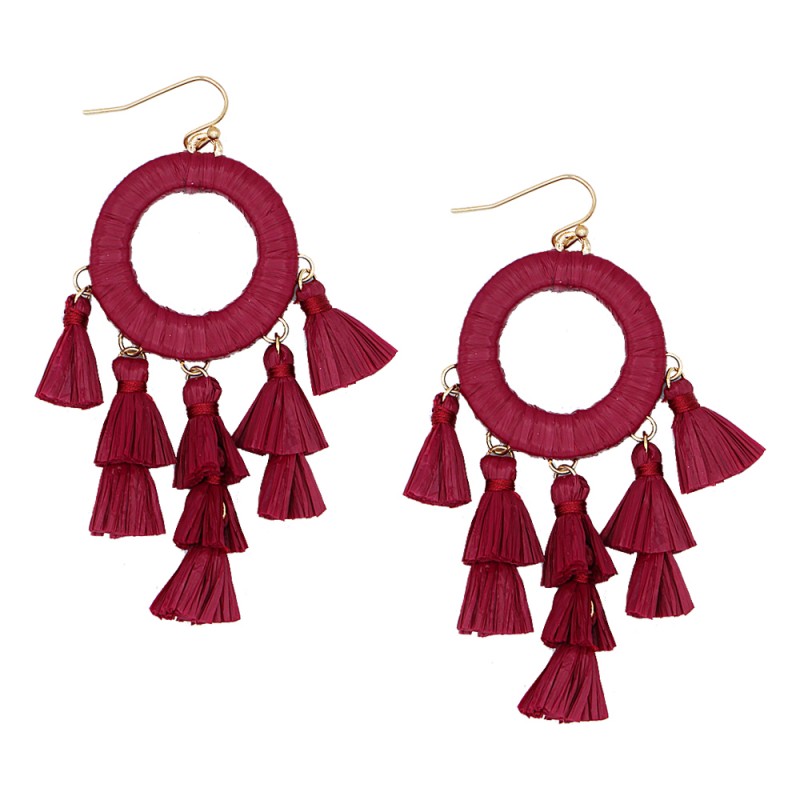 TEARDROP RAFFIA FRINGE STATEMENT EARRINGS - BURGUNDY