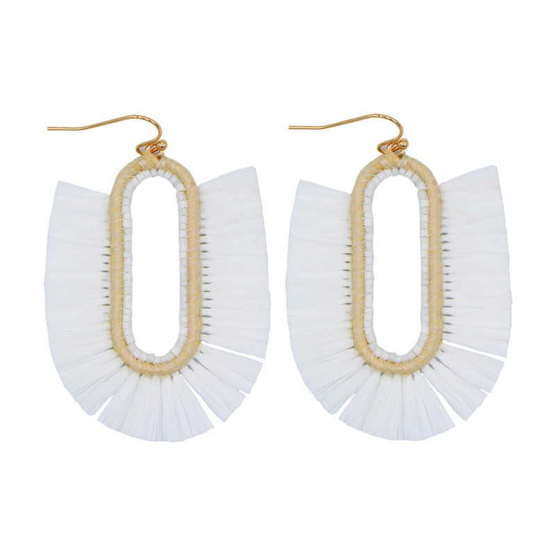 RAFFIA & SMALL BEADED DETAILS DROP EARRINGS - WHITE