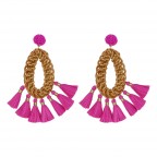 RATTAN & RAFFIA & SEED BEAD FRINGE TEARDROP HOOP EARRINGS - FUCHSIA