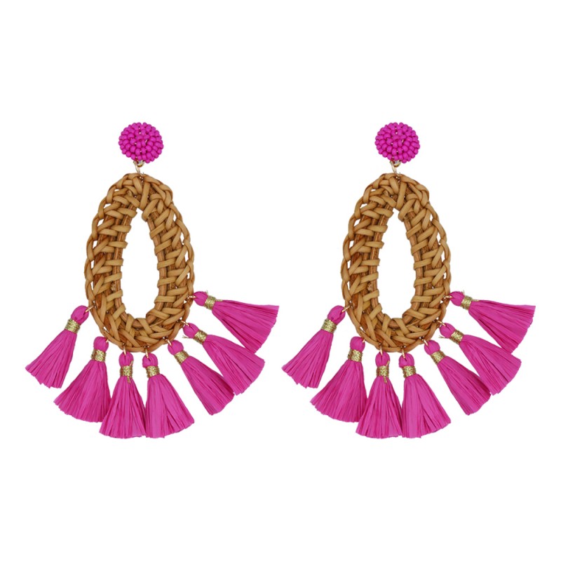 RATTAN & RAFFIA & SEED BEAD FRINGE TEARDROP HOOP EARRINGS - FUCHSIA