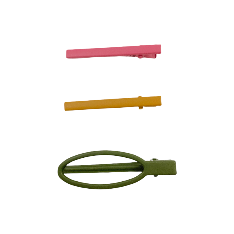 RETRO ENAMEL HAIR CLIPS - GREEN & MUSTARD & PINK 