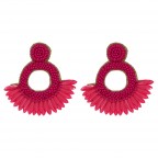 BEADED ROUND STATEMENT EARRINGS - FUCHSIA