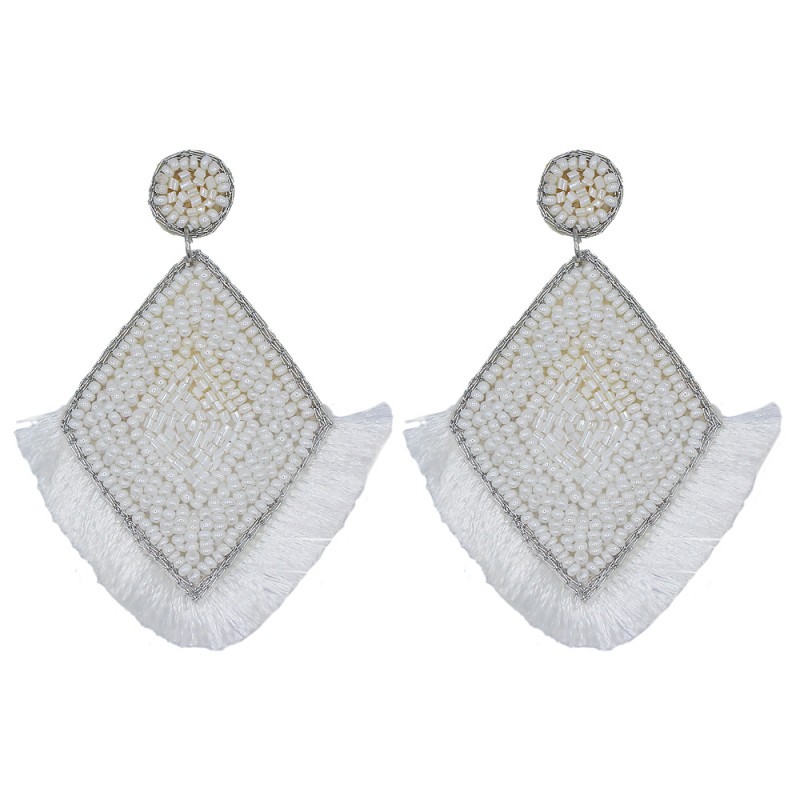 BEADED DIAMOND TASSEL STATEMENT EARRINGS - WHITE