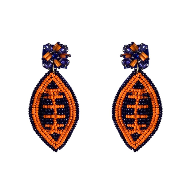 SEED BEAD STATEMENT EARRINGS - FOOTBALL ORANGE NAVY