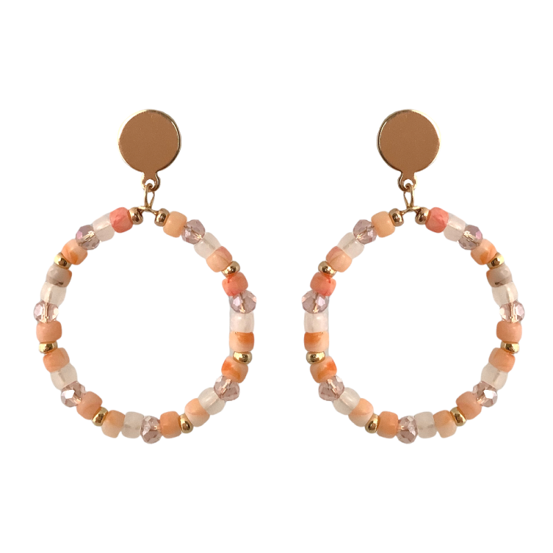 CRYSTAL BEADED HOOP EARRINGS  - PEACH
