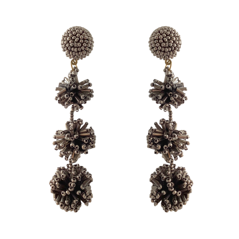 DROP POM POM SEED BEAD EARRINGS - HEMATITE