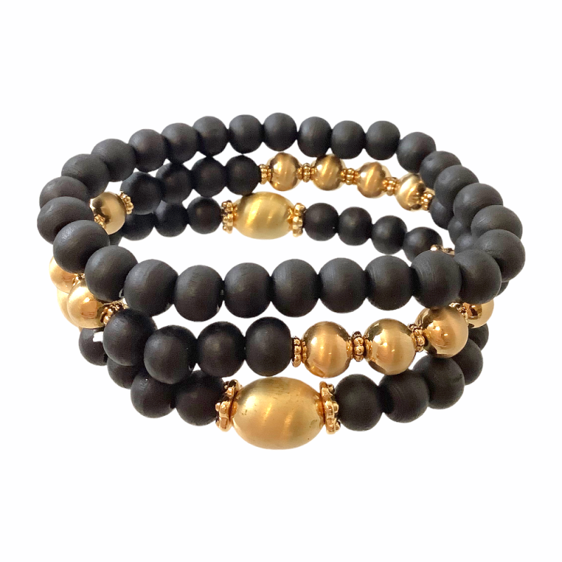 BRACELET STRETCH SET WOOD BEADS - BLACK