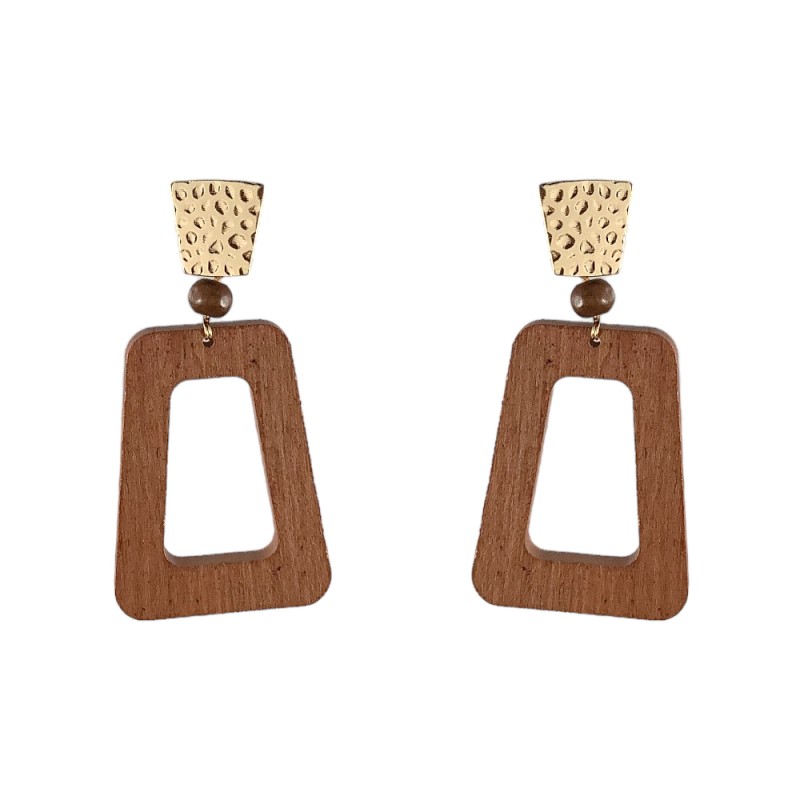 WOOD HAMMERED METAL HOOP EARRINGS - BROWN