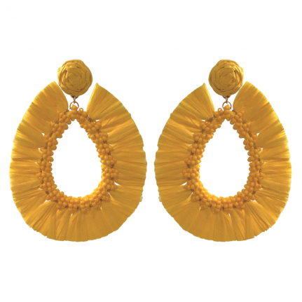 RAFFIA WRAPPED TEARDROP & SEED BEAD HOOP EARRINGS - YELLOW