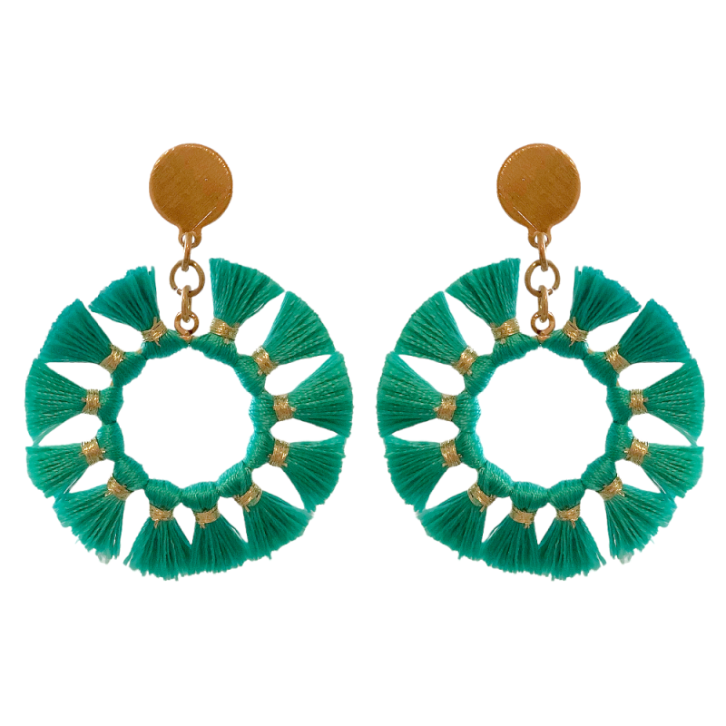 SILK FRINGE HOOP EARRINGS - TURQUOISE