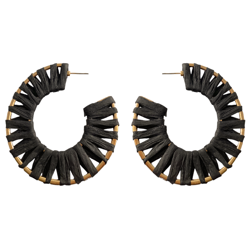 RAFFIA WRAPPED HOOP EARRINGS - BLACK
