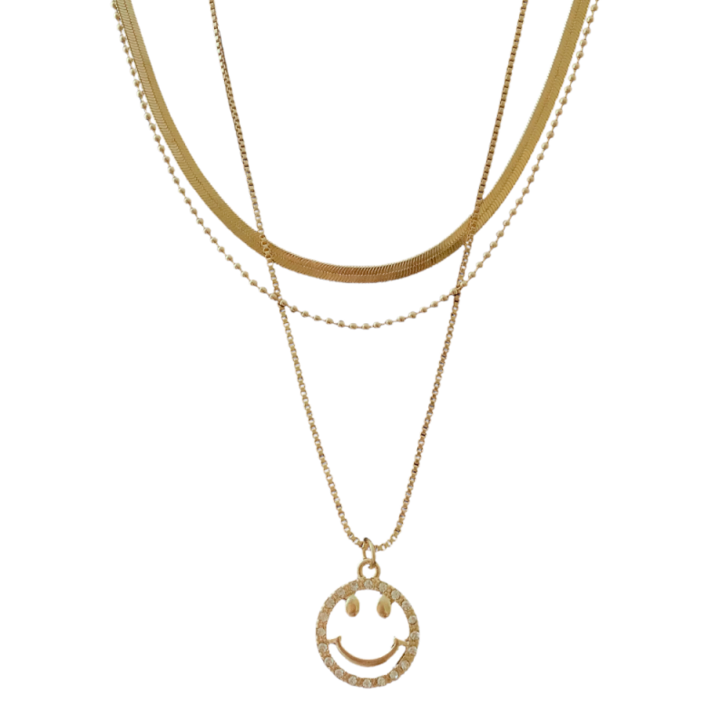 PENDANT SMILEY FACE CUBIC ZIRCONIA LAYERED NECKLACE - GOLD 