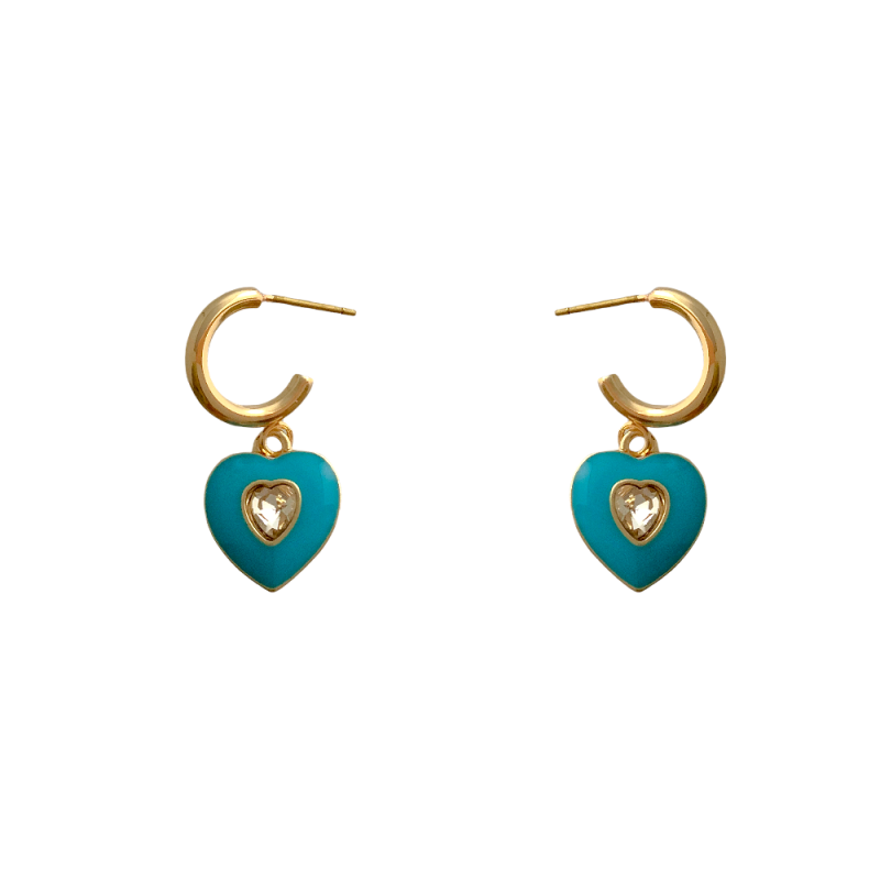 HEART MINI CUBIC ZIRCONIA HOOP EARRINGS - TURQUOISE