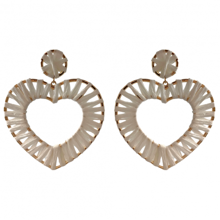 RAFFIA WRAPPED HEART HOOP EARRINGS  -  WHITE