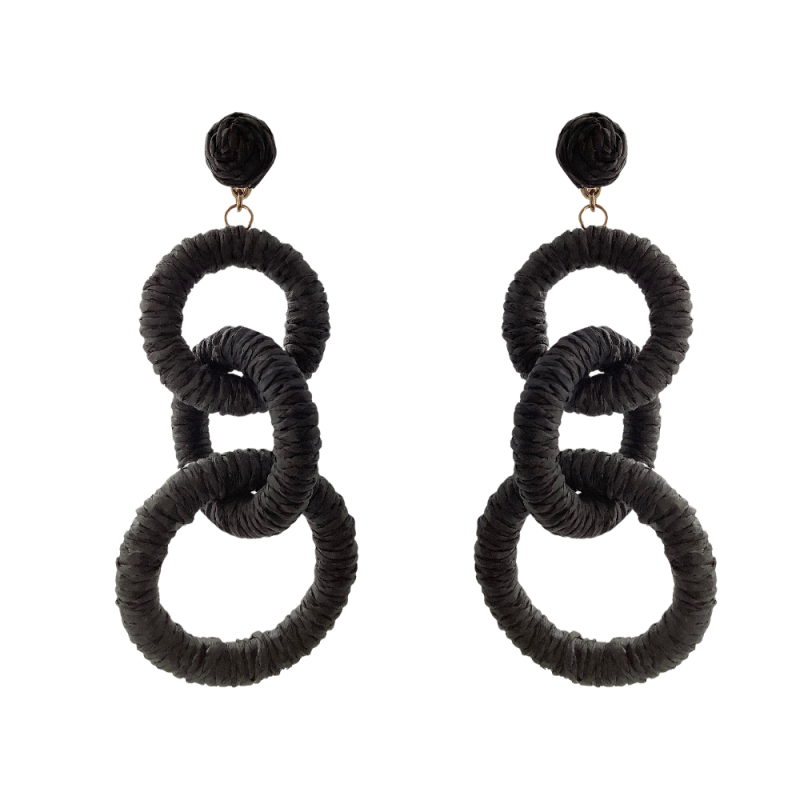 RAFFIA WRAPPED LOOP DROP HOOP EARRINGS - BLACK