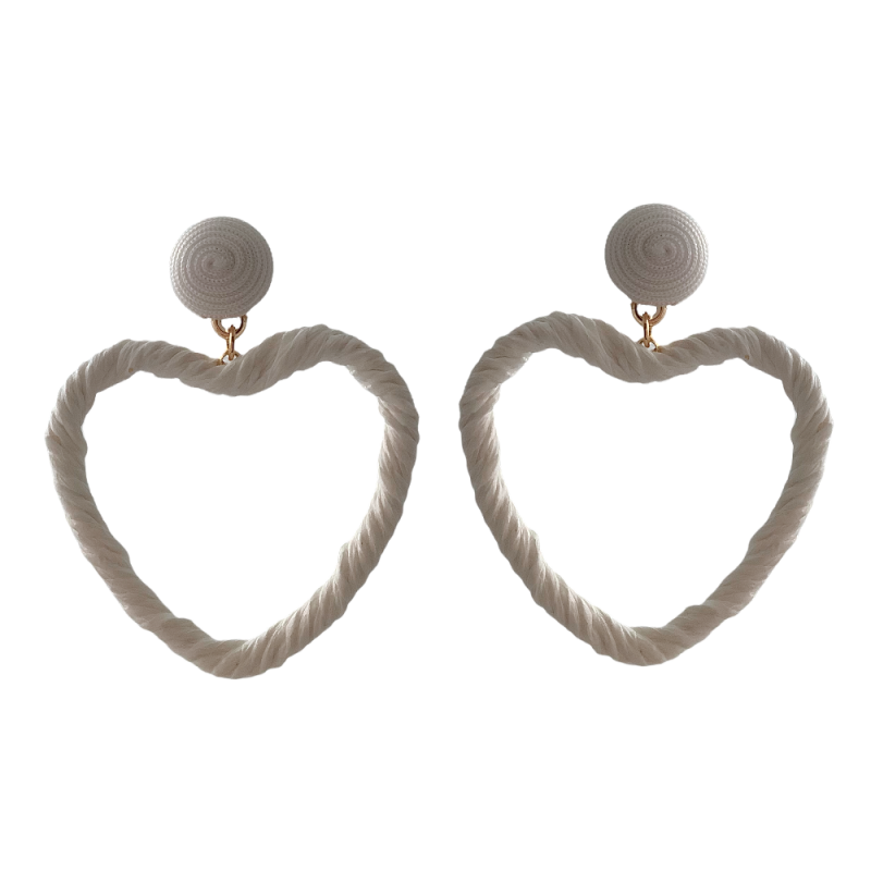 RAFFIA WRAPPED HEART HOOP EARRINGS - WHITE